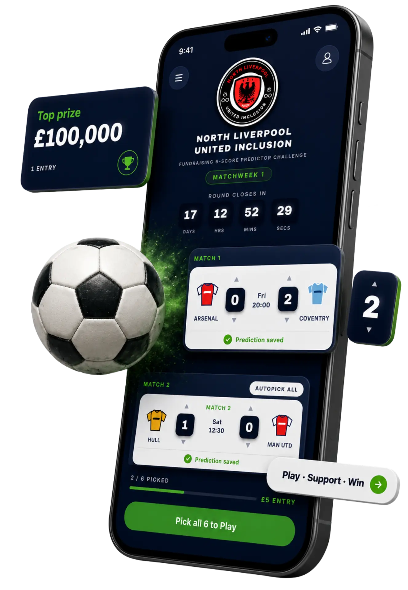 Matchday6 club fundraising app on a phone, showing a £100,000 top prize and 6-score predictor fixtures