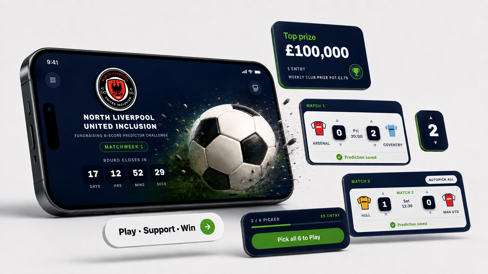Matchday6 app on a phone showing the North Liverpool United Inclusion club page with £100,000 top prize and score predictor fixtures