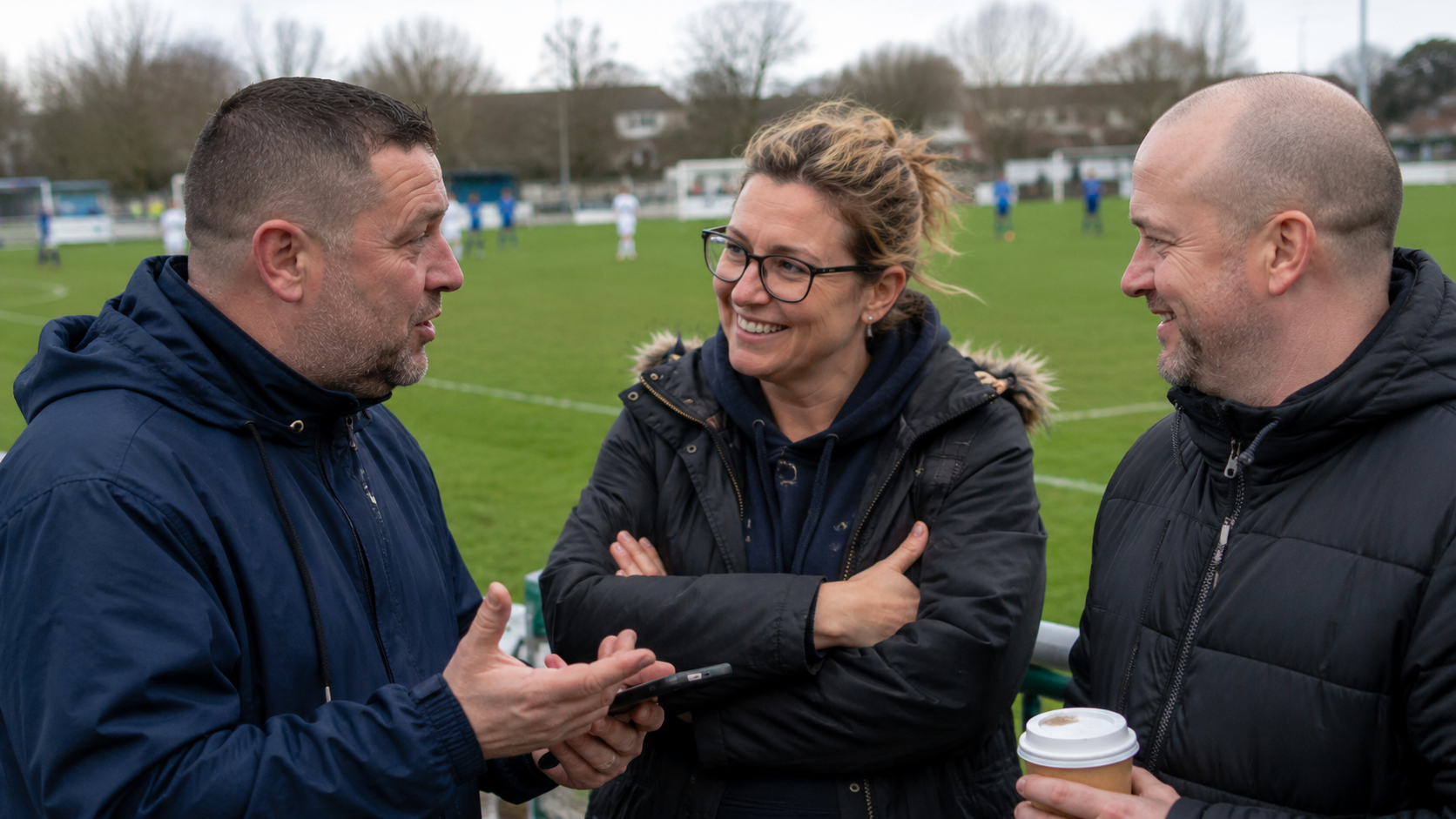 Club volunteers chatting pitch-side about fundraising