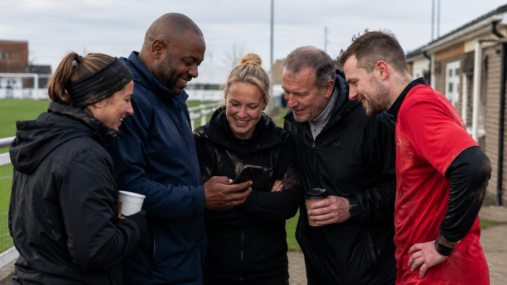 Grassroots club members gathered pitch-side, smiling at a phone showing their Matchday6 predictions