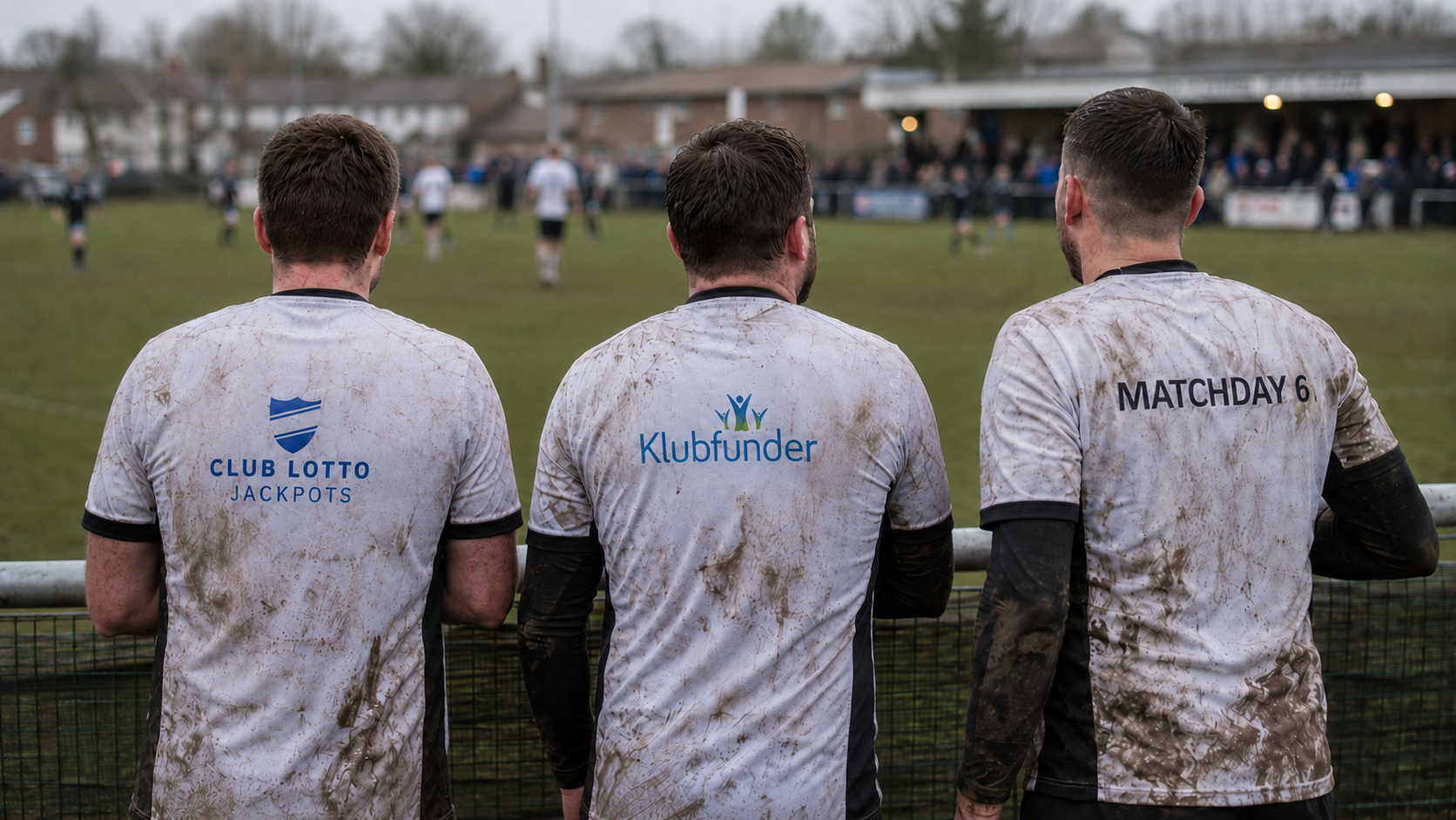 Three muddy grassroots players in jerseys branded Klubfunder, Club Lotto Jackpots and Matchday6, watching their game pitch-side